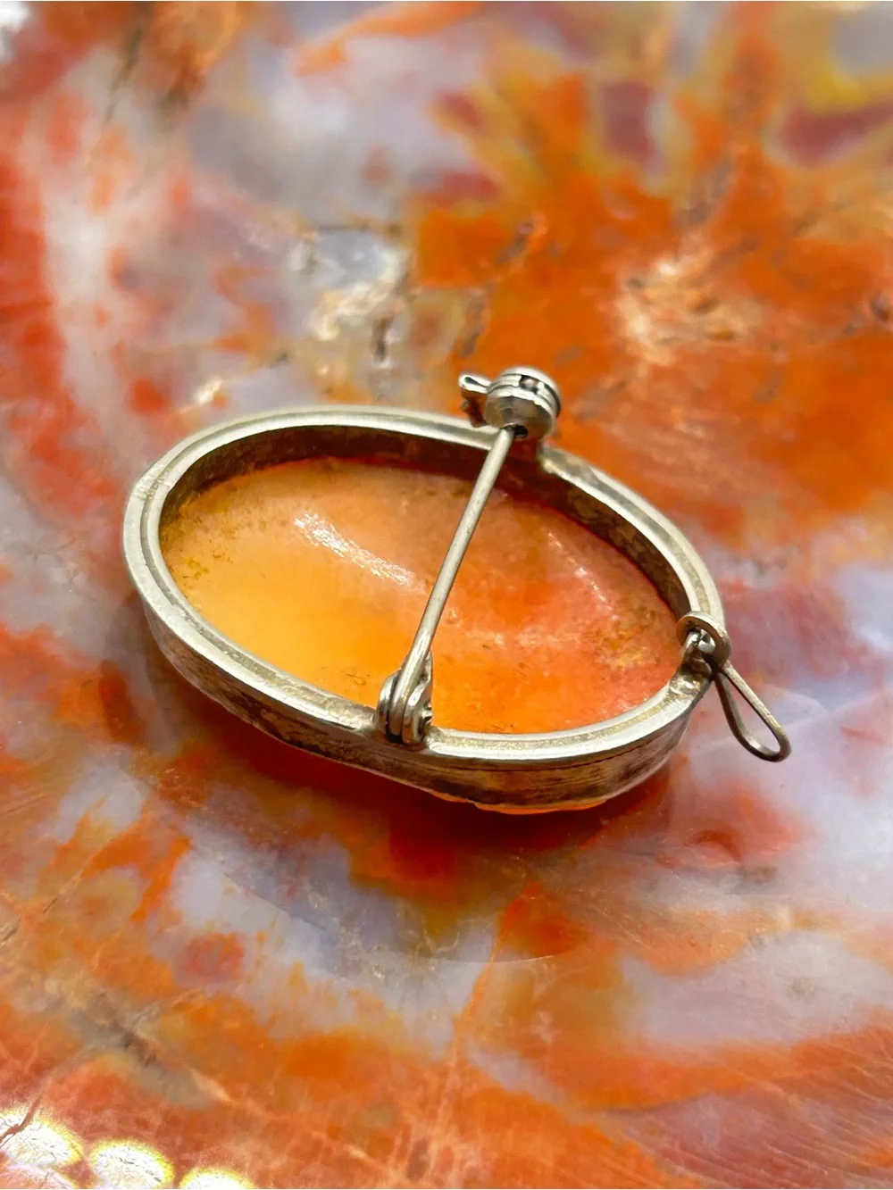 Antique Sterling Silver Cameo pendant and pin, hand carved shell